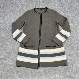 Talbots Sweater Womens M Gray Brown Striped Merino Wool Open Front Faux Leather